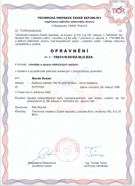 Oprávnění k montážím a opravám elektrických zařízení