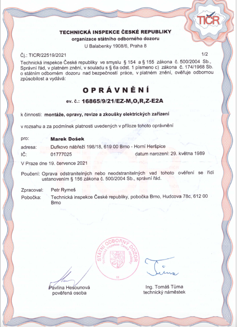 Oprávnění k montážím, opravám, revizím a zkouškám elektrických zařízení
