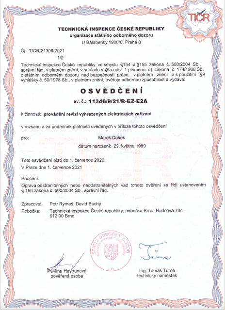 Osvědčení k provádění revizí vyhrazených elektrických zařízení