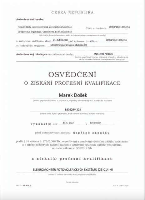 Osvědčení o získání profesní kvalifikace - elektromontér fotovoltaických systémů